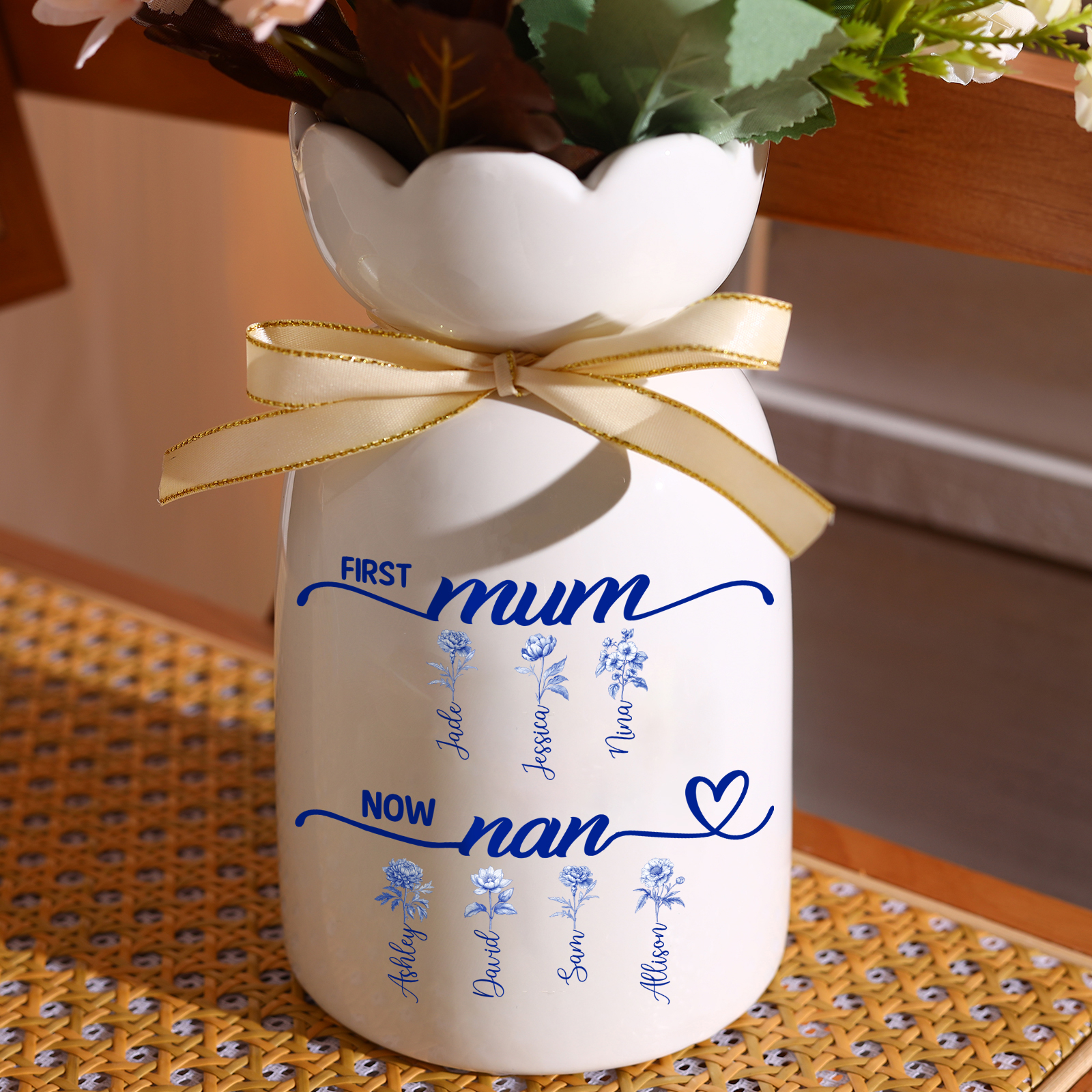 Personalised Scalloped Ceramic Vase, Blue Floral