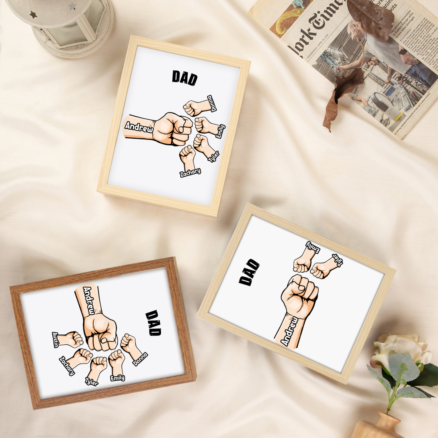 5 Names-Personalized Fist Dad LED Light Wooden Photo Frame -Custom Text & Names, Adjustable 3 Colors
