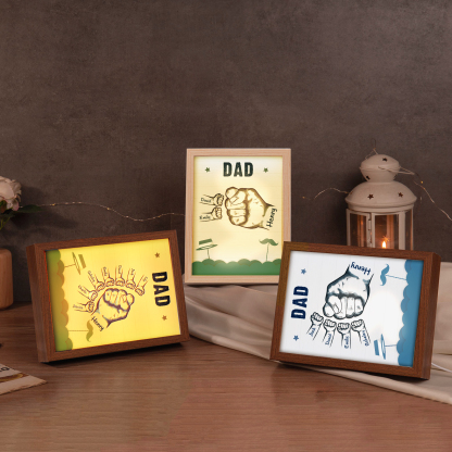 2 Names-Personalized Dad LED Light Fist Wooden Photo Frame -Custom Text & Names, Adjustable 3 Colors
