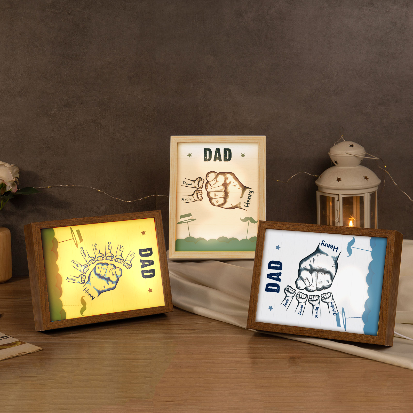 2 Names-Personalized Dad LED Light Fist Wooden Photo Frame -Custom Text & Names, Adjustable 3 Colors