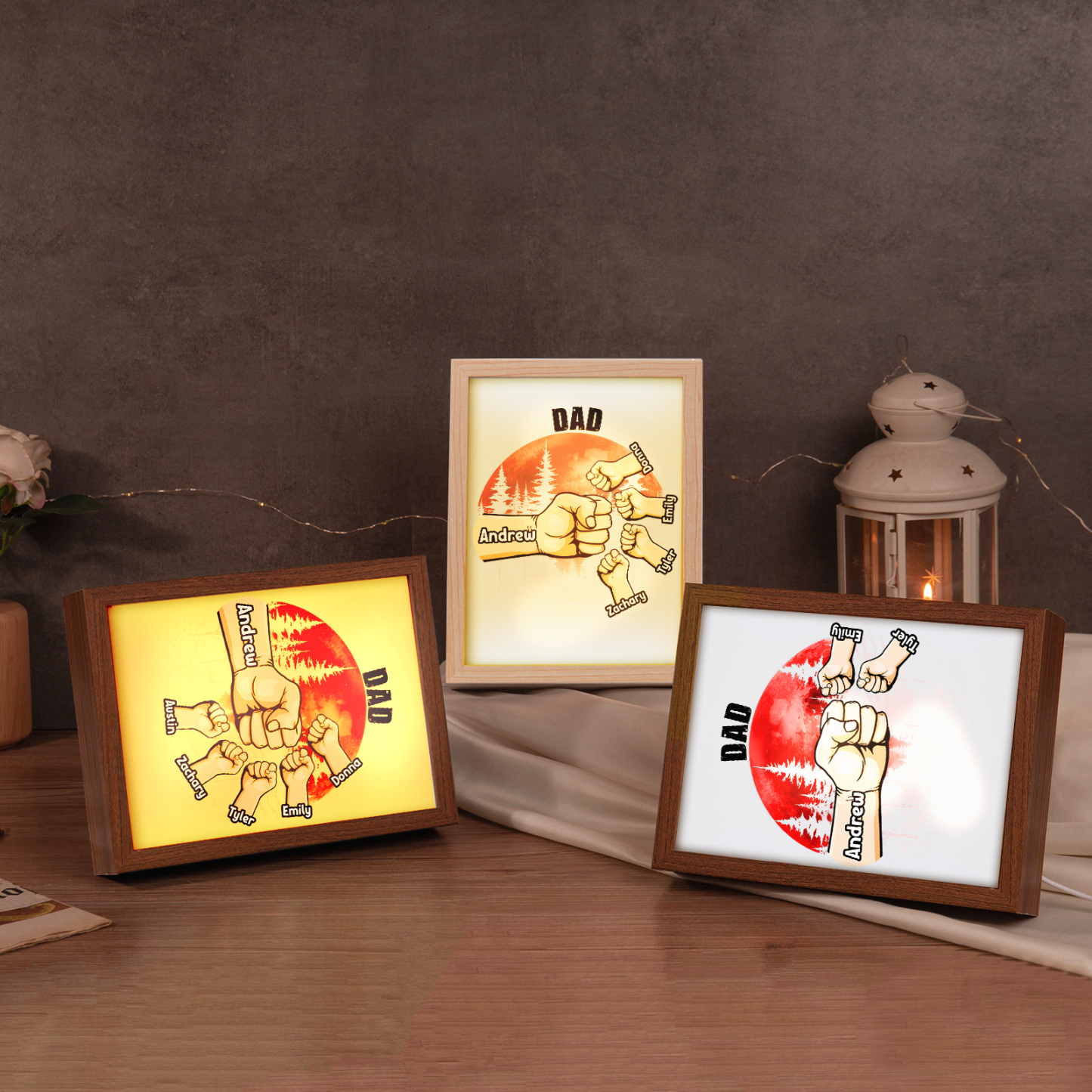 5 Names-Personalized Fist Dad LED Light Wooden Photo Frame -Custom Text & Names, Adjustable 3 Colors