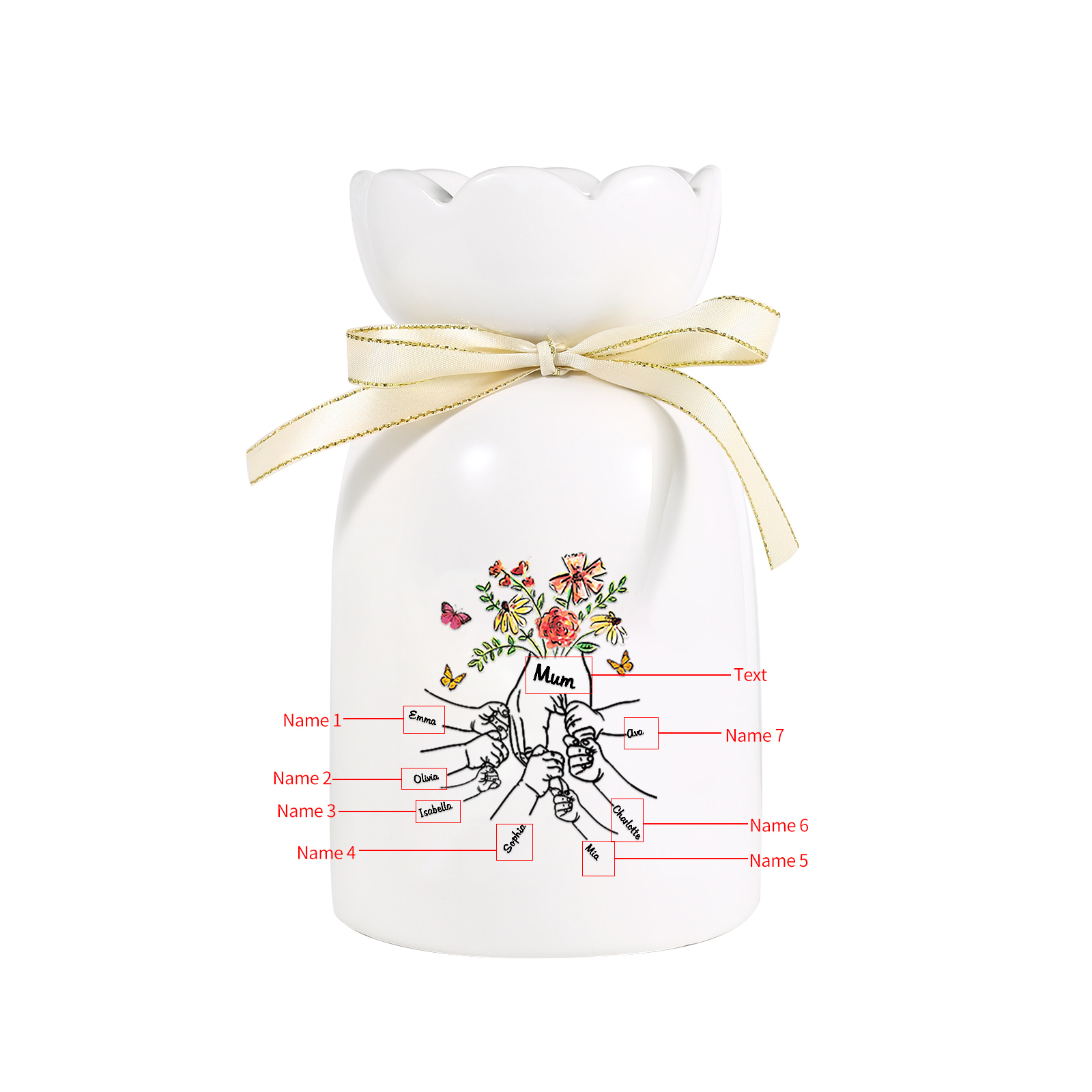 Personalised Ceramic Vase – Custom 2-8 Names & Text – Holding Hands Design – Unique Mother's Day Gifts for Her | Jessemade