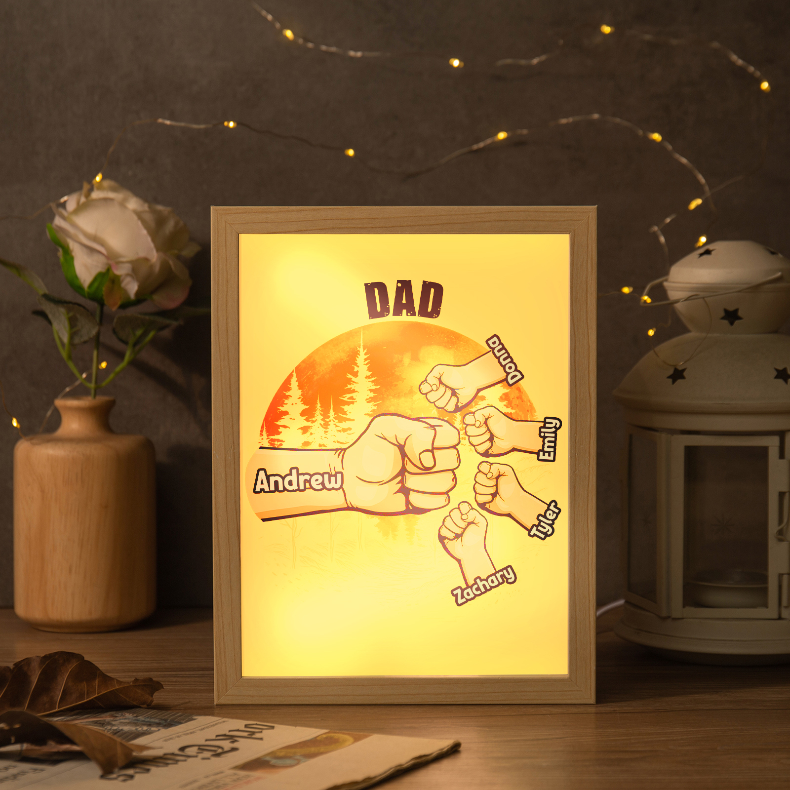 5 Names-Personalized Fist Dad LED Light Wooden Photo Frame -Custom Text & Names, Adjustable 3 Colors