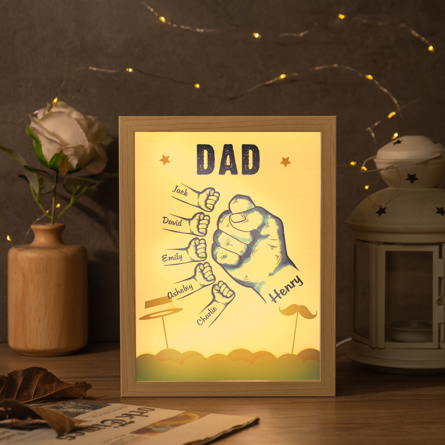 6 Names-Personalized Dad LED Light Fist Wooden Photo Frame -Custom Text & Names, Adjustable 3 Colors
