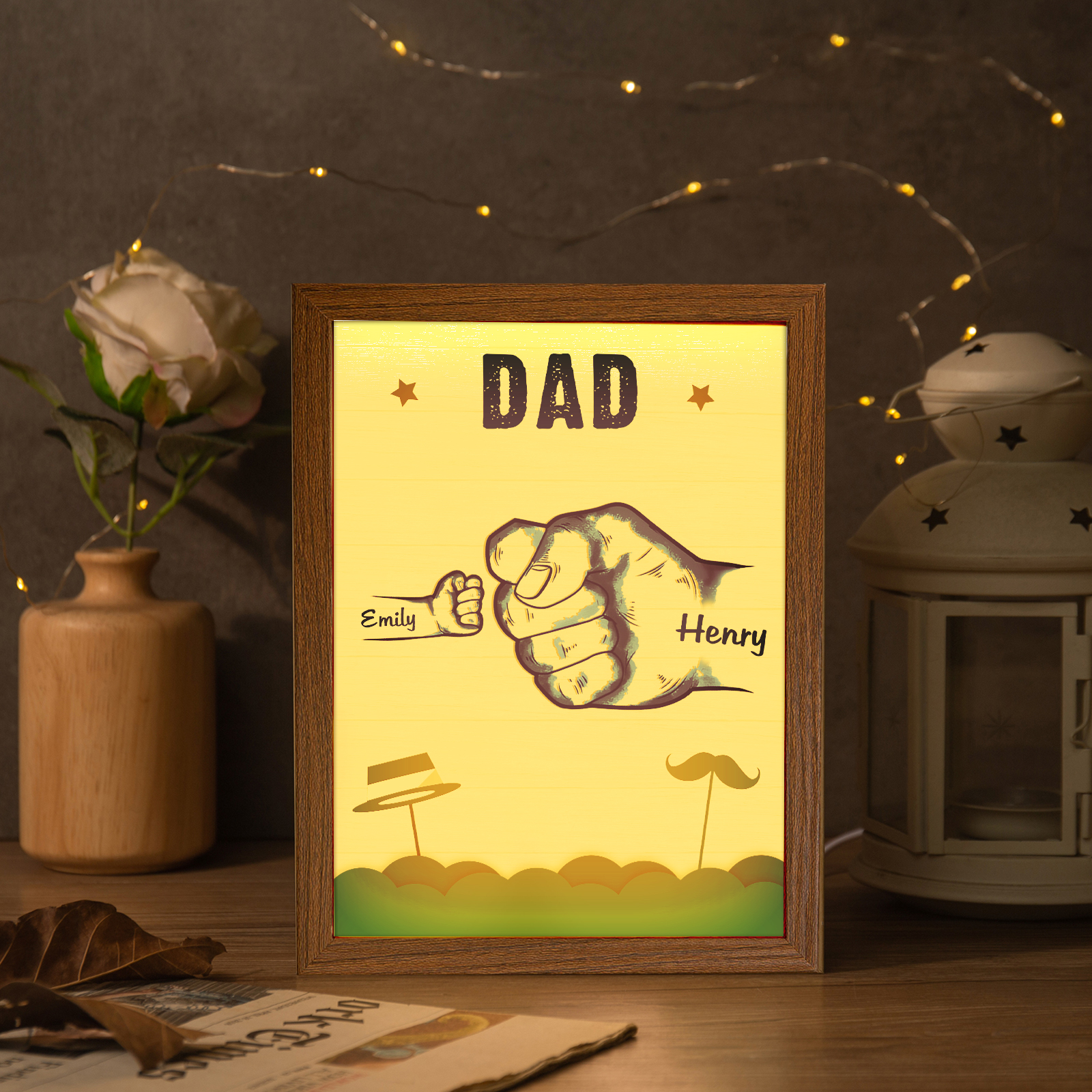 2 Names-Personalized Dad LED Light Fist Wooden Photo Frame -Custom Text & Names, Adjustable 3 Colors