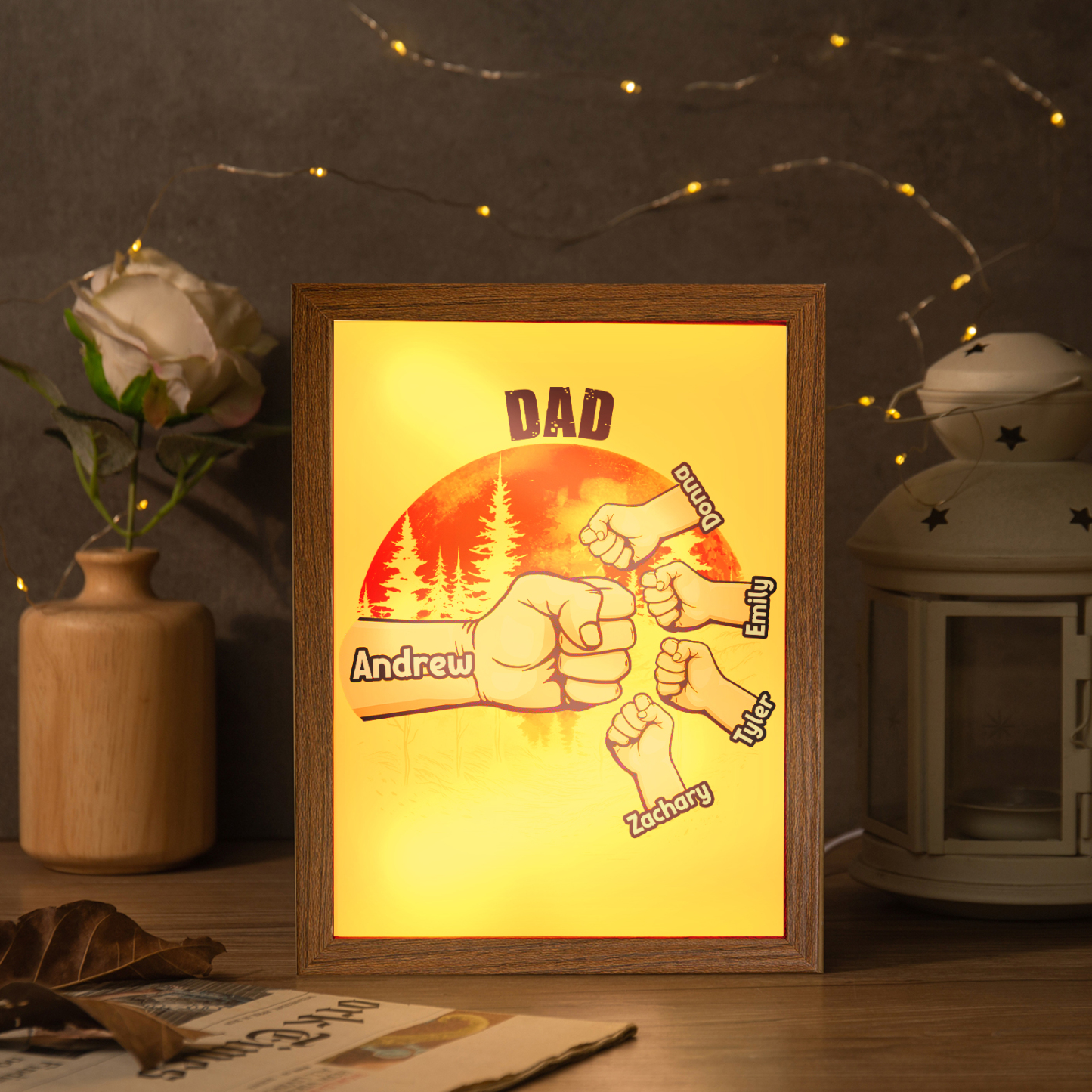 5 Names-Personalized Fist Dad LED Light Wooden Photo Frame -Custom Text & Names, Adjustable 3 Colors