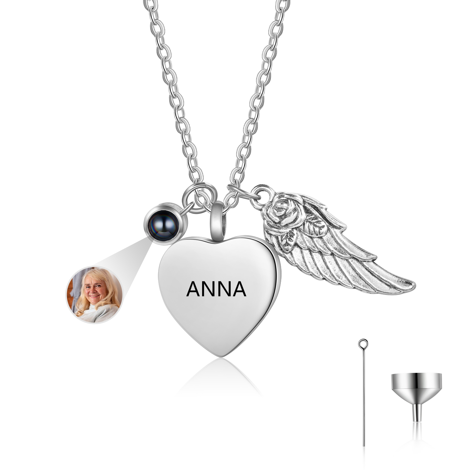 Personalised Memorial Heart Necklace with Angel Wing, Photo Charm & Ashes Urn, Silver For Women | Jessemade