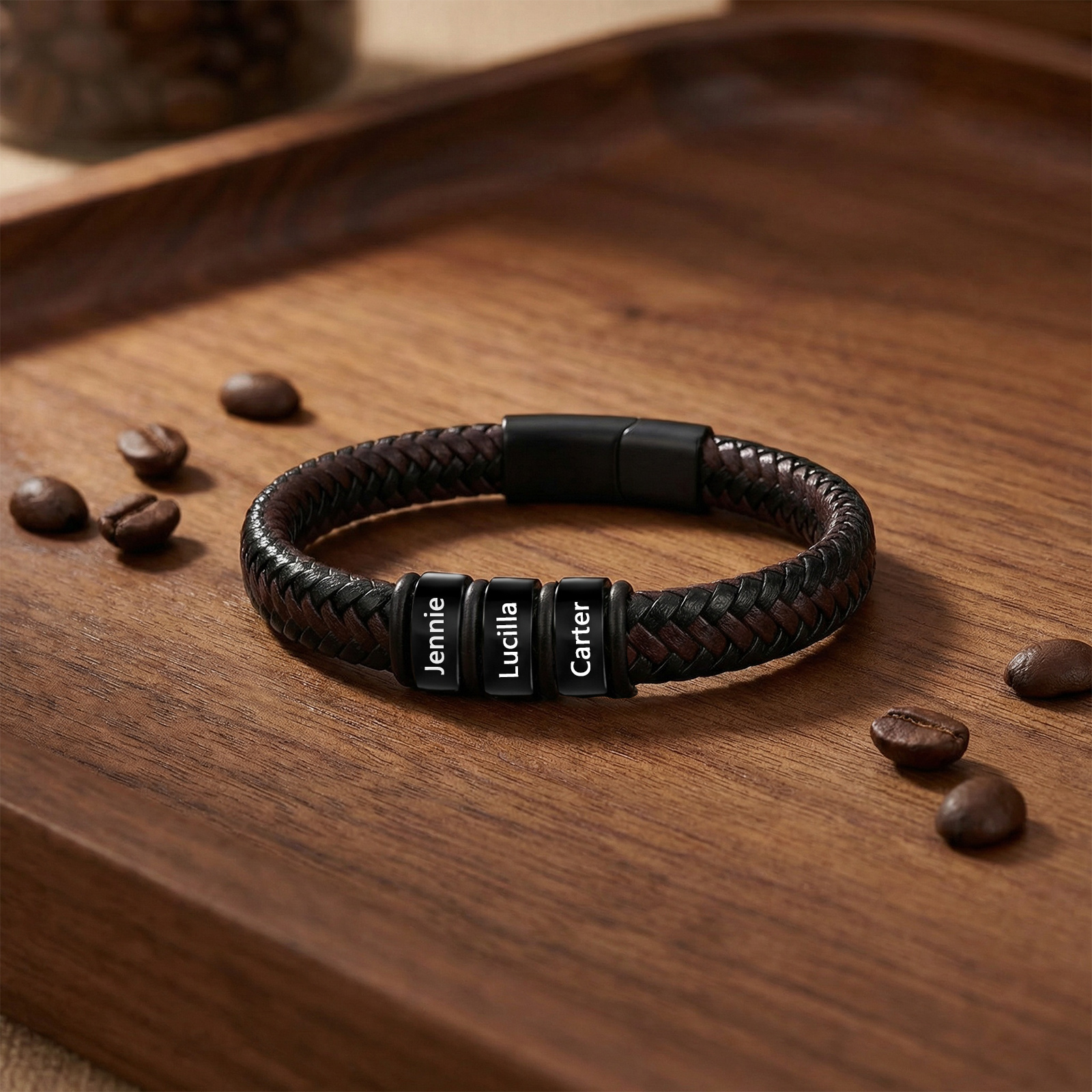 Personalised Leather Braided Bracelet Customised with 2–6 Name Beads