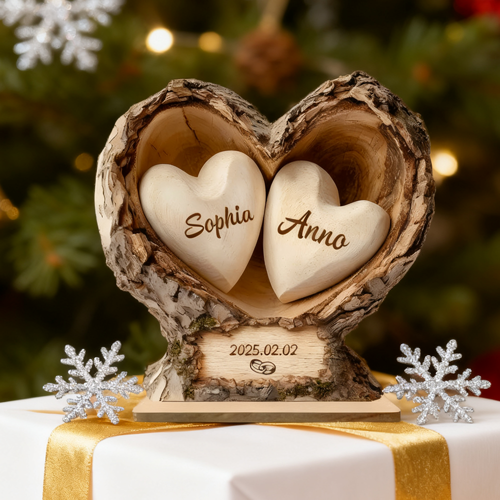 Personalised Wooden Heart-Shaped Tree Trunk Plaque for Couple