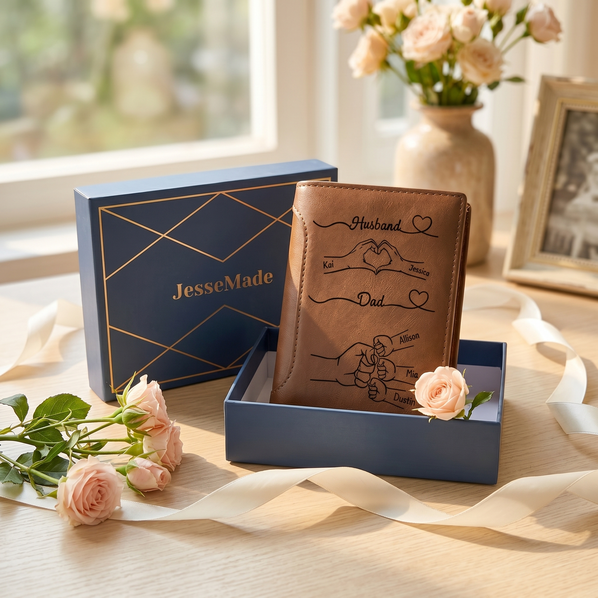 Personalised Dad Wallet with Custom 3-10 Names - “First a Husband, Then a Dad” Gift for Dad | Jessemade