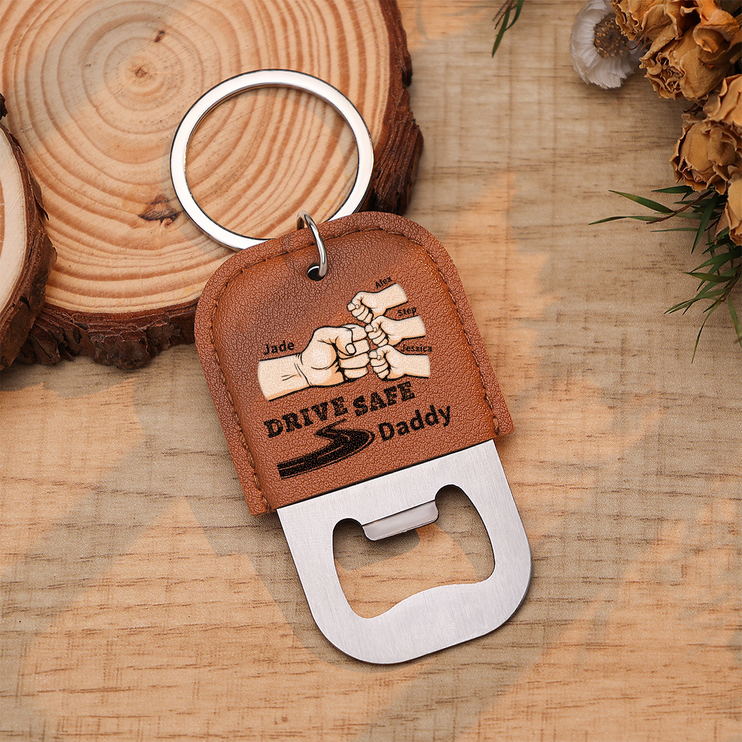 Personalised leather keyring with bottle opener for Dad, customised with 2–5 names, fist bump “Drive safely” gift, practical, for Father’s Day and Dad’s birthday | Jessemade