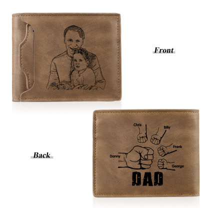 5 Names - Personalised Photo Custom Leather Men's Folding Wallet as a Father's Day Gift for Dad