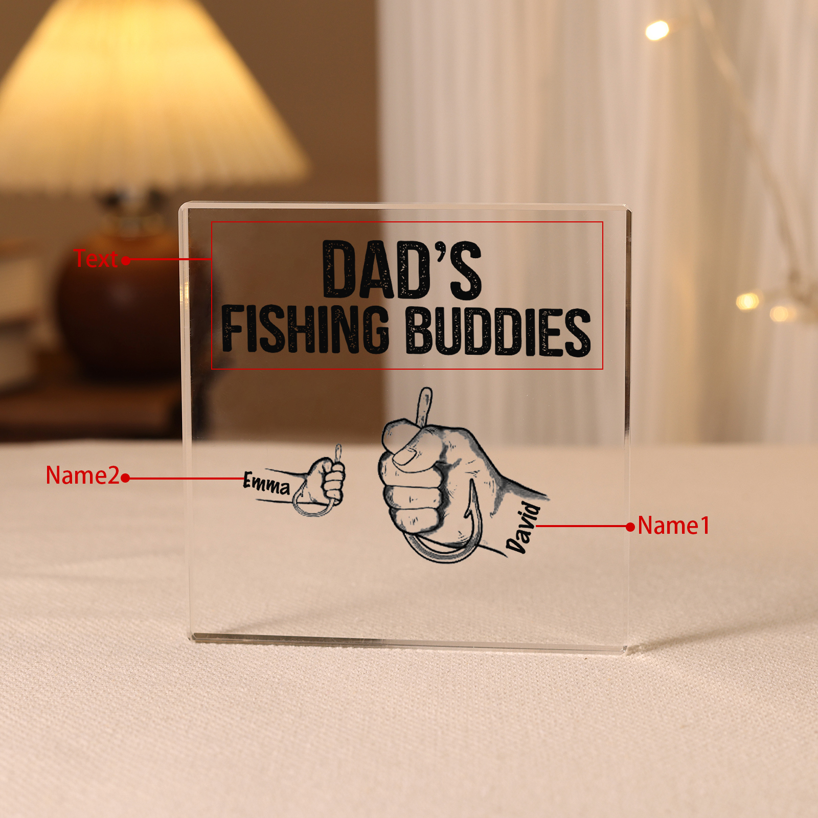 2 Names - Personalised Fishhook Fist Bump Pattern Family Acrylic Keepsake Customized Name Acrylic Home Decor Gift for Dad