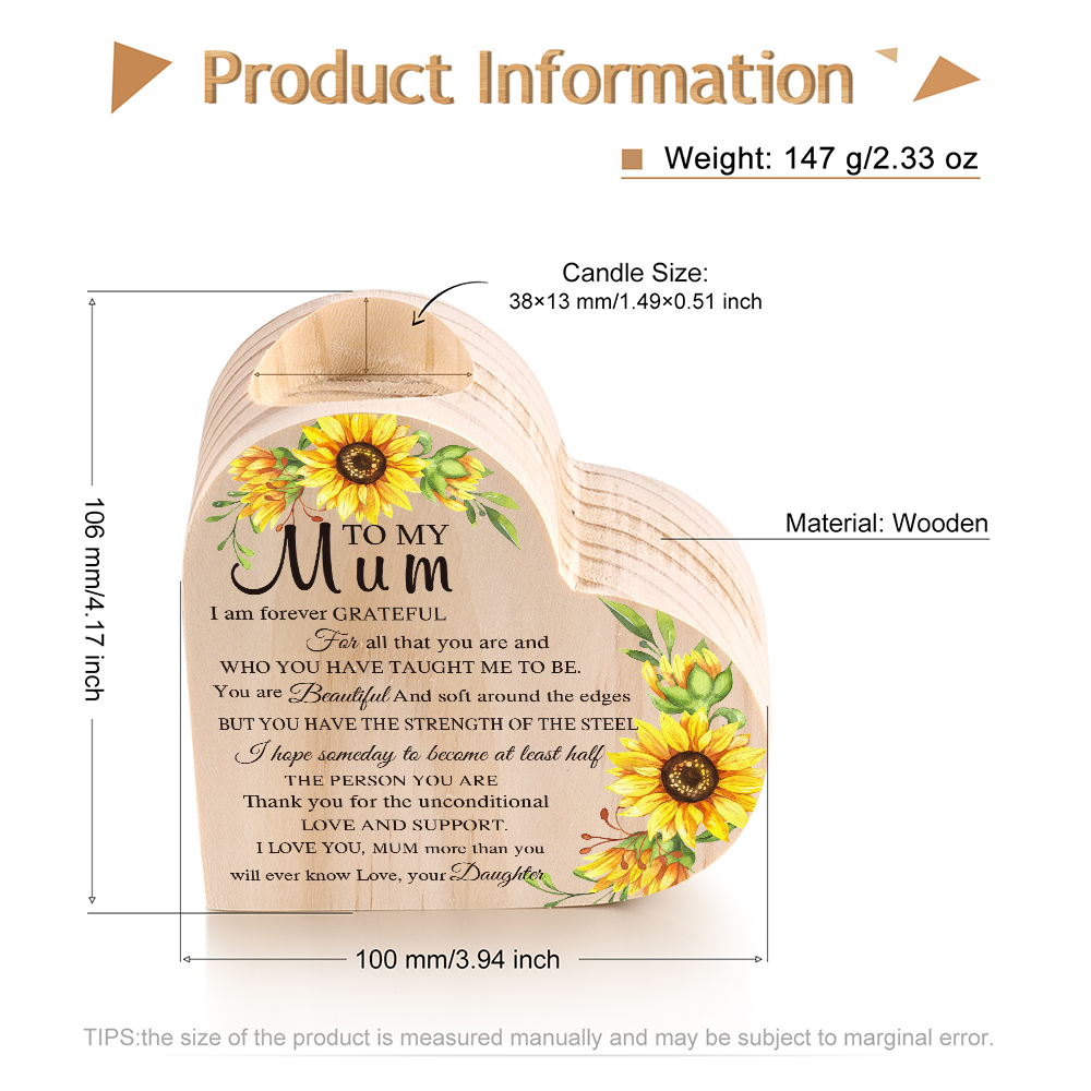 To My Mum Heart-Shape Candlesticks-I Love You- Wooden Custom Candle Holder For Mum