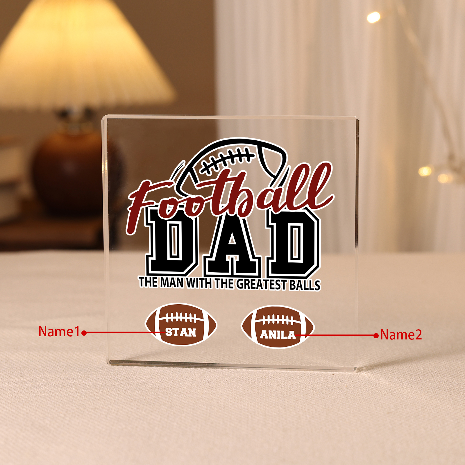 2 Names - Personalised Football Acrylic Keepsake Customized Name Acrylic Plaque Decoration Father's Day Gift for Dad