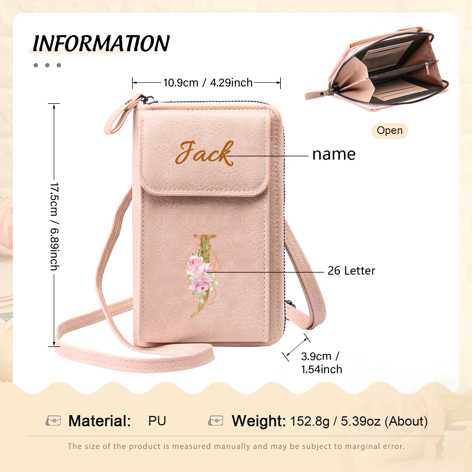 Custom Purse-Personalised Women's Leather Wallet Custom Letter & Name Mobile Phone Wallet Zipper Crossbody Bag