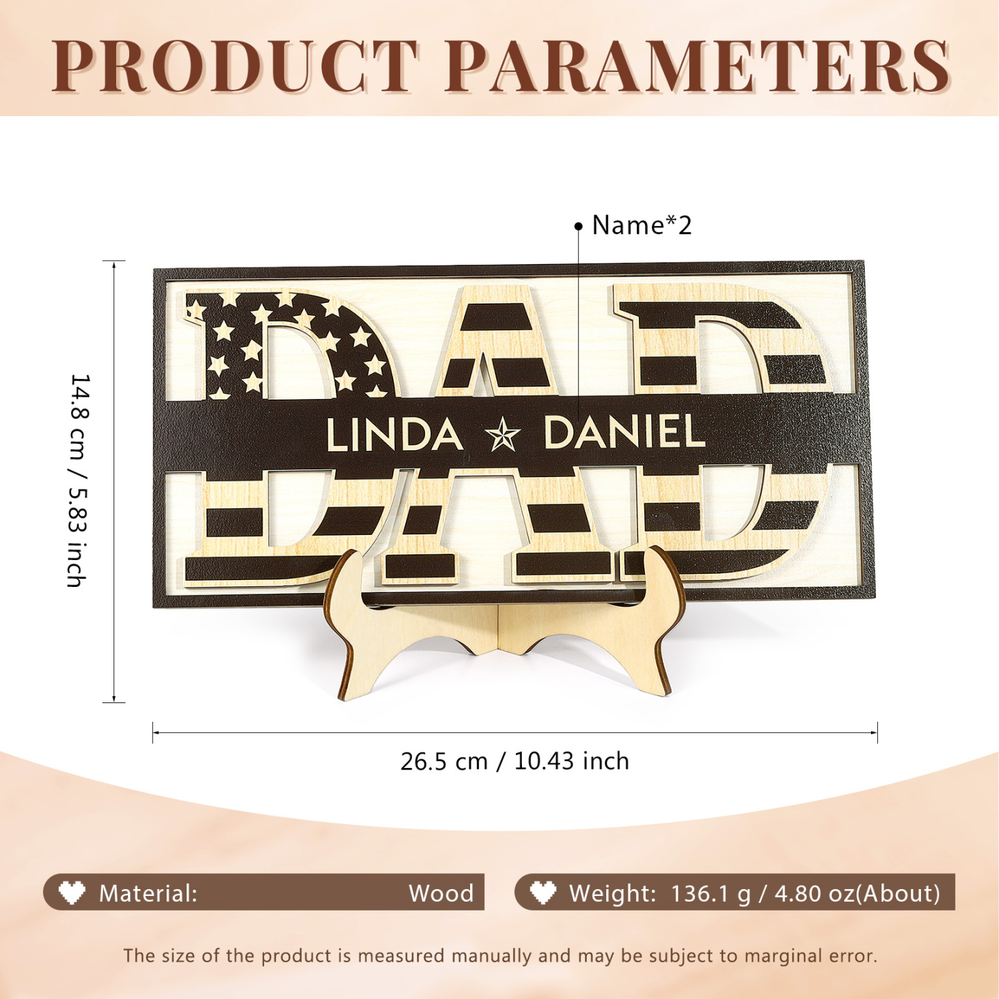 2 Names - Personalised Wood Ornament Engraved with Dad Text Support Customized Name Ornament Father's Day Gift for Dad