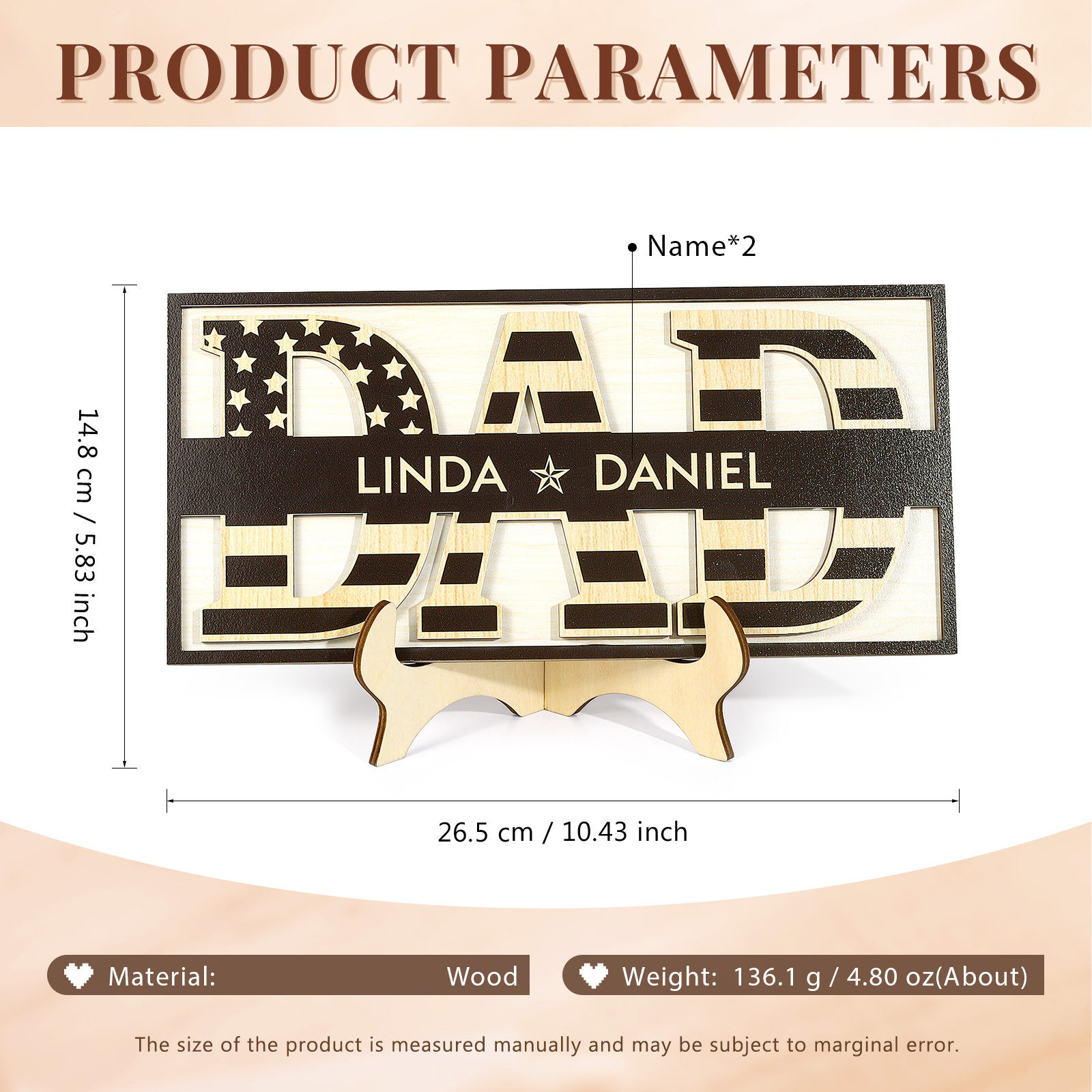 2 Names - Personalised Wood Ornament Engraved with Dad Text Support Customized Name Ornament Father's Day Gift for Dad