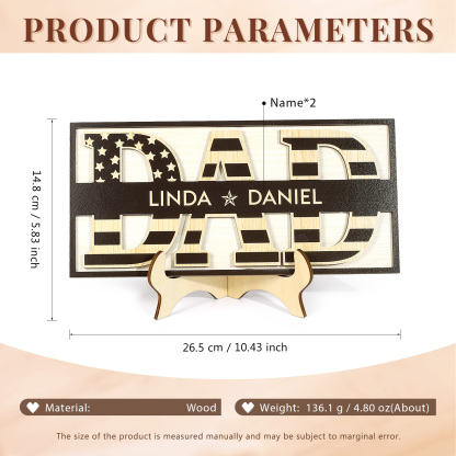 2 Names - Personalised Wood Ornament Engraved with Dad Text Support Customized Name Ornament Father's Day Gift for Dad