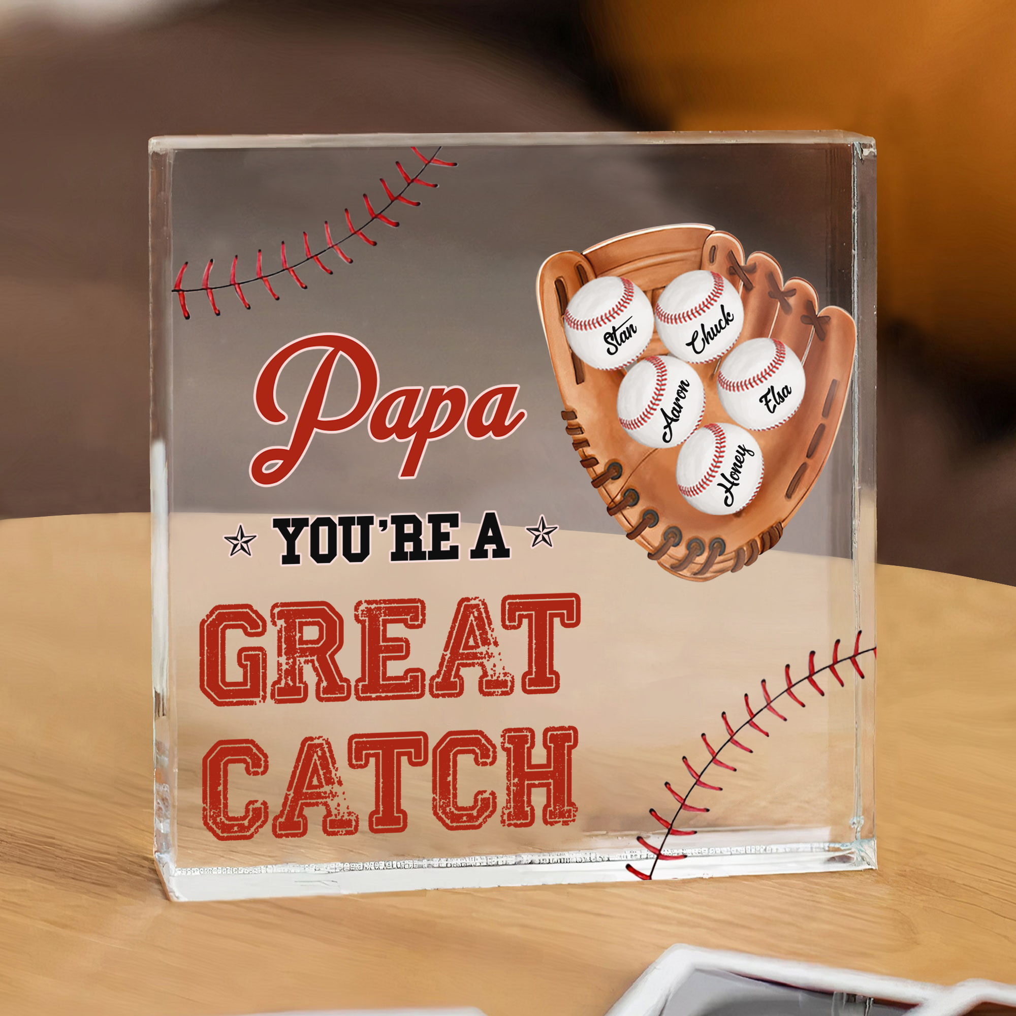 5 Names - Personalised Baseball Acrylic Keepsake Customized Name and Text Acrylic Plaque Ornament Father's Day Gift for Dad