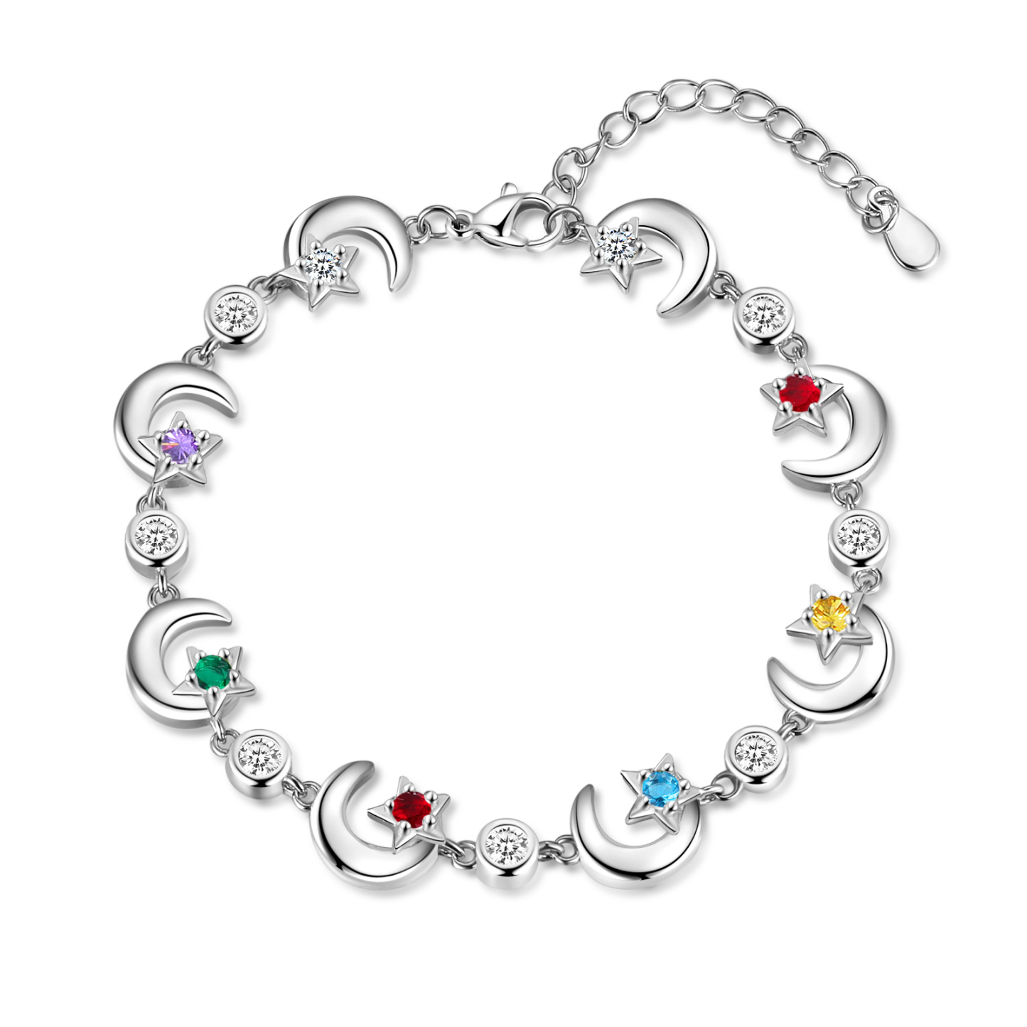 6 Names-Personalised Moons And Stars Bracelet With 6 Birthstones Custom Names Bracelet Gift For Women