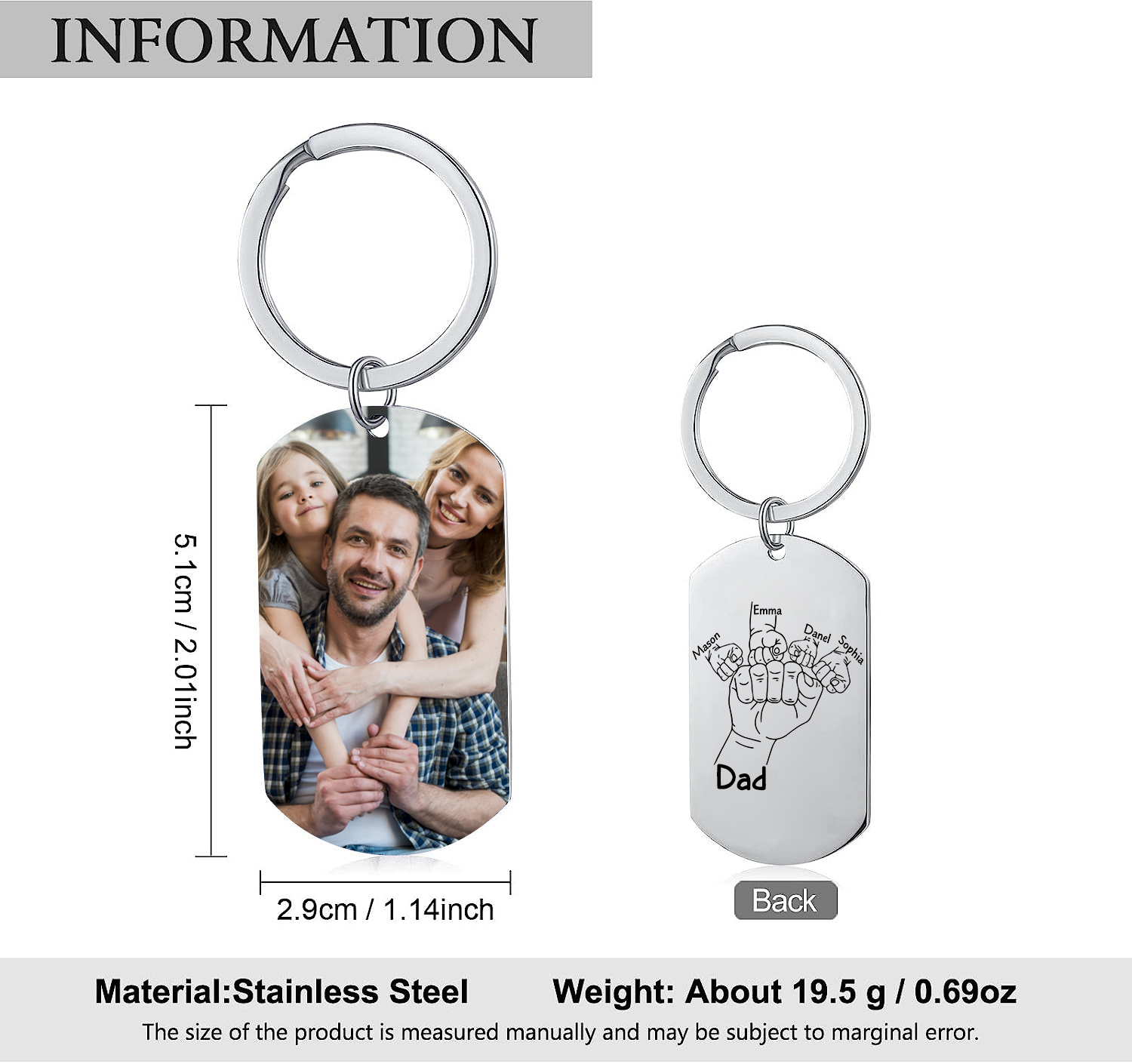 4 Names - Personalised Fist Bump Keyring Custom Photo Father's Day Gift for Dad