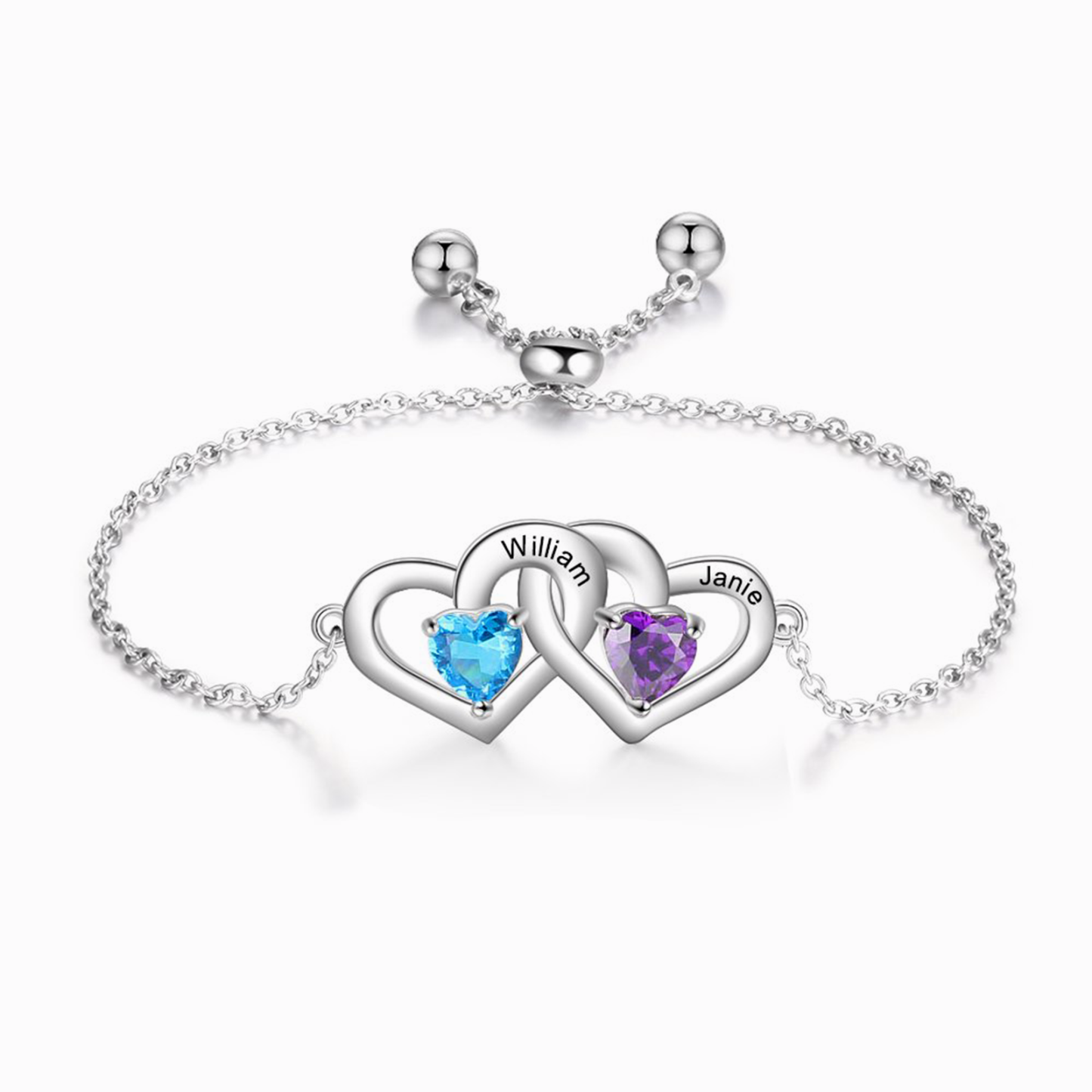 Personalised Heart Bracelet With 2 Birthstones Engraved Names Bracelet Gift For Women