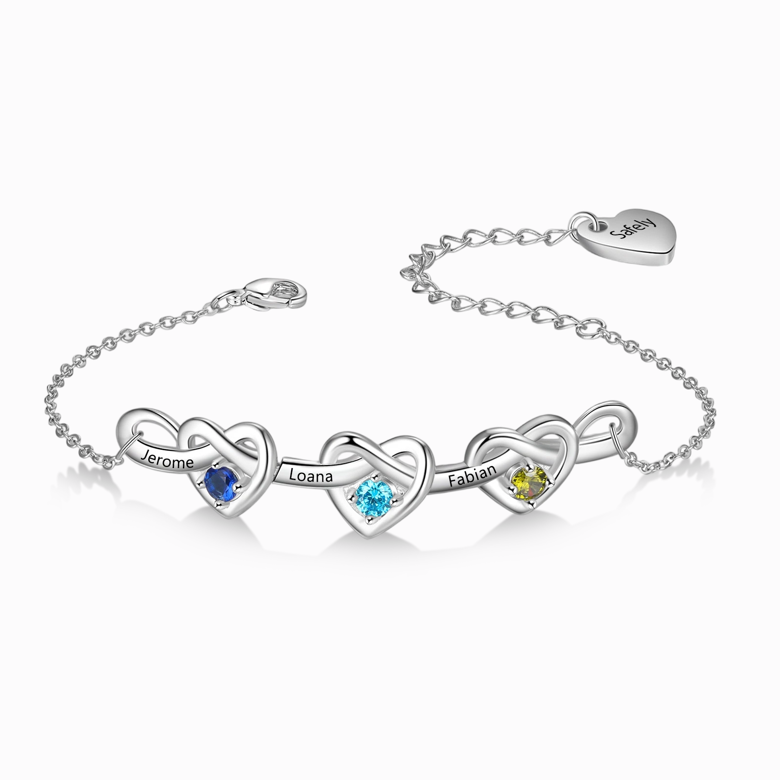 Personalised 1-8 Names Bracelet Customised Birthstones & 1 Text Heart Bracelet for Her | Jessemade