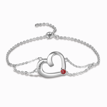 Personalised Heart Bracelet With 1 Birthstone Engraved Names Gift For Women