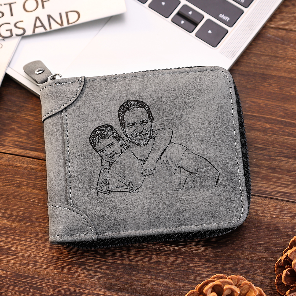 Photo Personalised Leather Zipper Men's Wallet Custom Text Fold Wallet With Gift Box for Dad