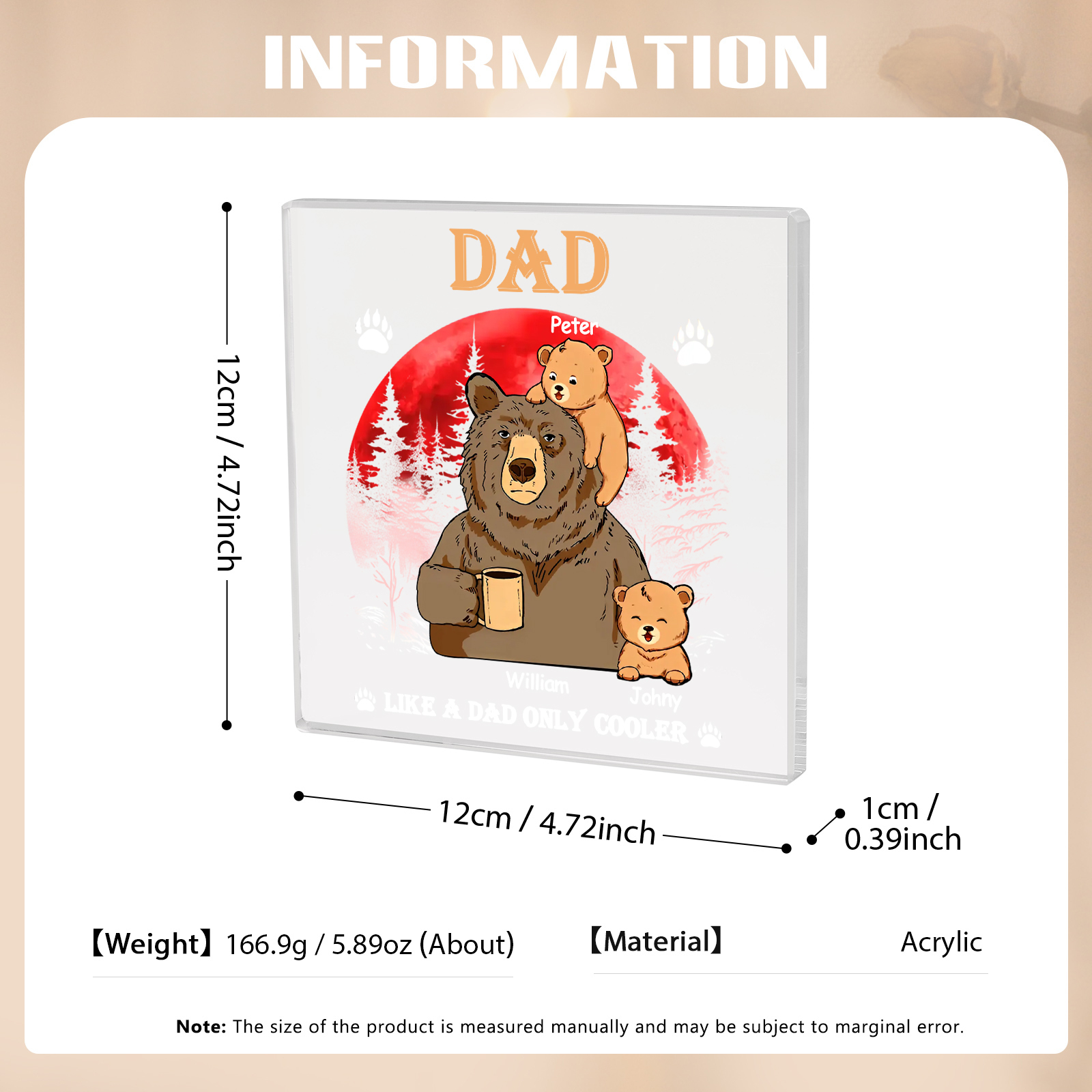 3 Names - Personalised Bear Family Pattern Custom Name Acrylic Square Ornament Father's Day Gift