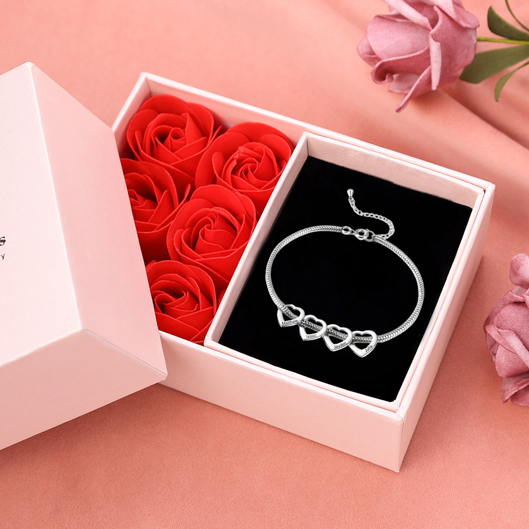 Jessemade Adjustable Personalized Anklet For Women, Silver, 4 Heart Charms With Gift Box, A Wonderful Gift For Her.