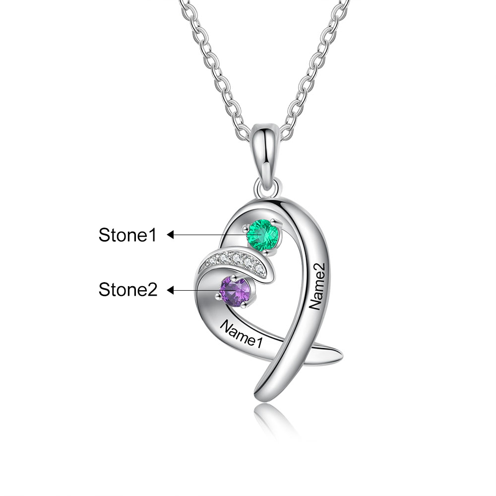 Personalised Heart Necklace With 2 Birthstones Engraved Names Gift For Her