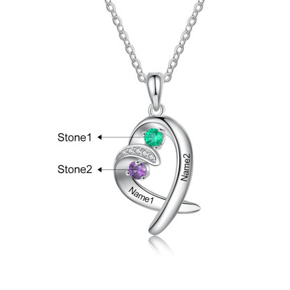 Personalised Heart Necklace With 2 Birthstones Engraved Names Gift For Her