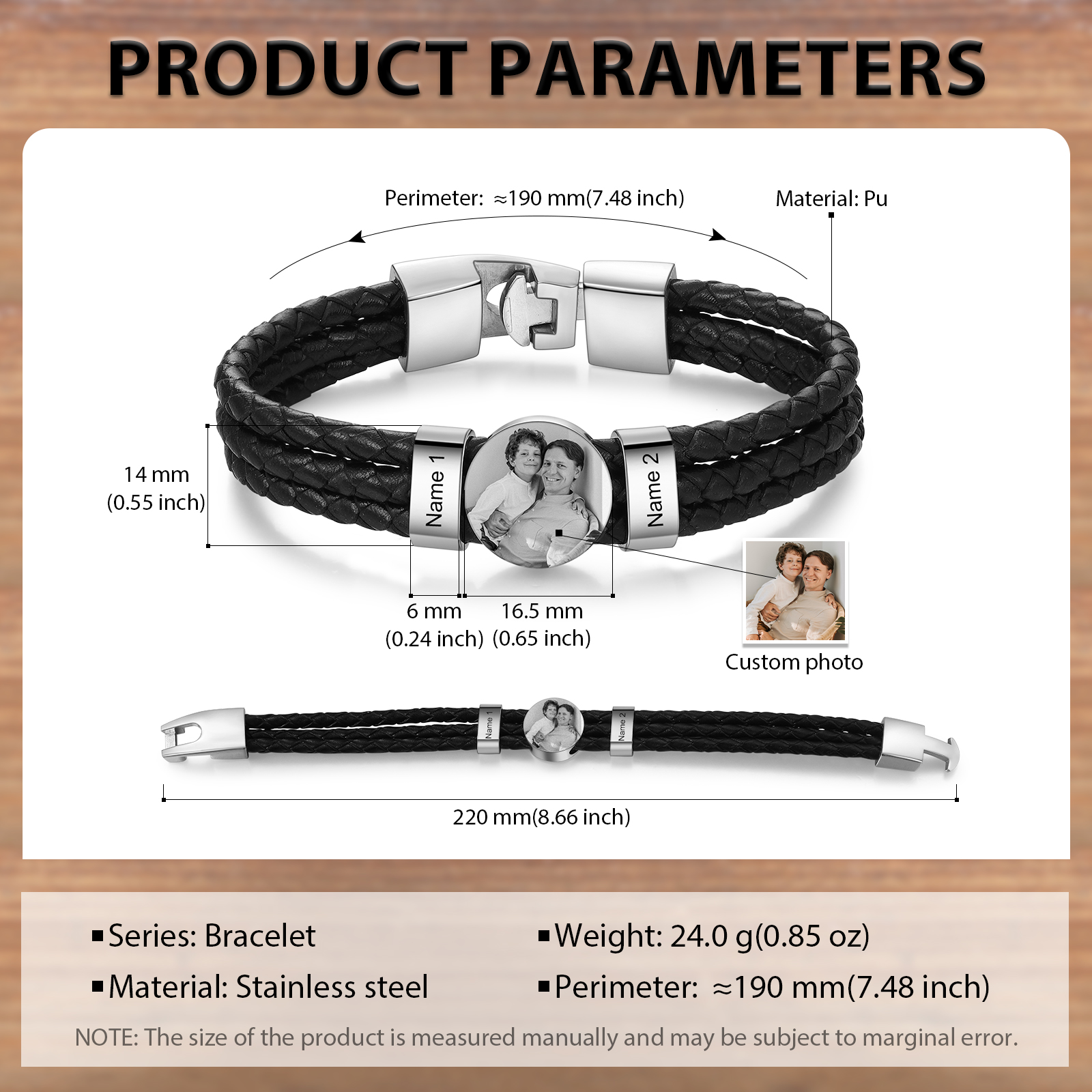 Personalised Braided Leather Bracelet Engraved with 2 Names and Customized 1 Photo Men's Bracelet for Dad