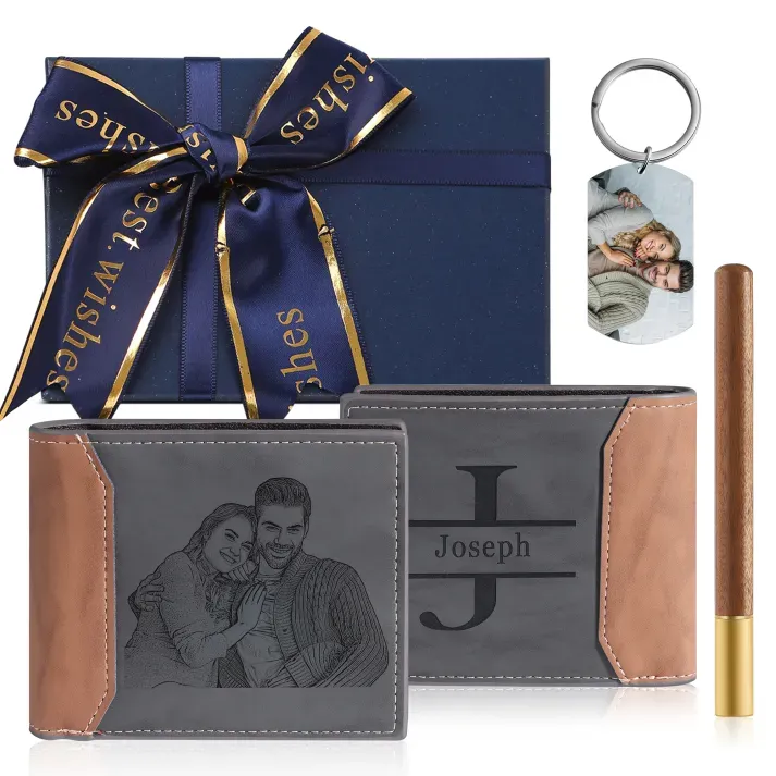 Personalized Men's Wallet Set with Custom 2 Photos & 1 Names &1 Letter & 1 Text Anniversary/Christmas Gift for Him | Jessmade