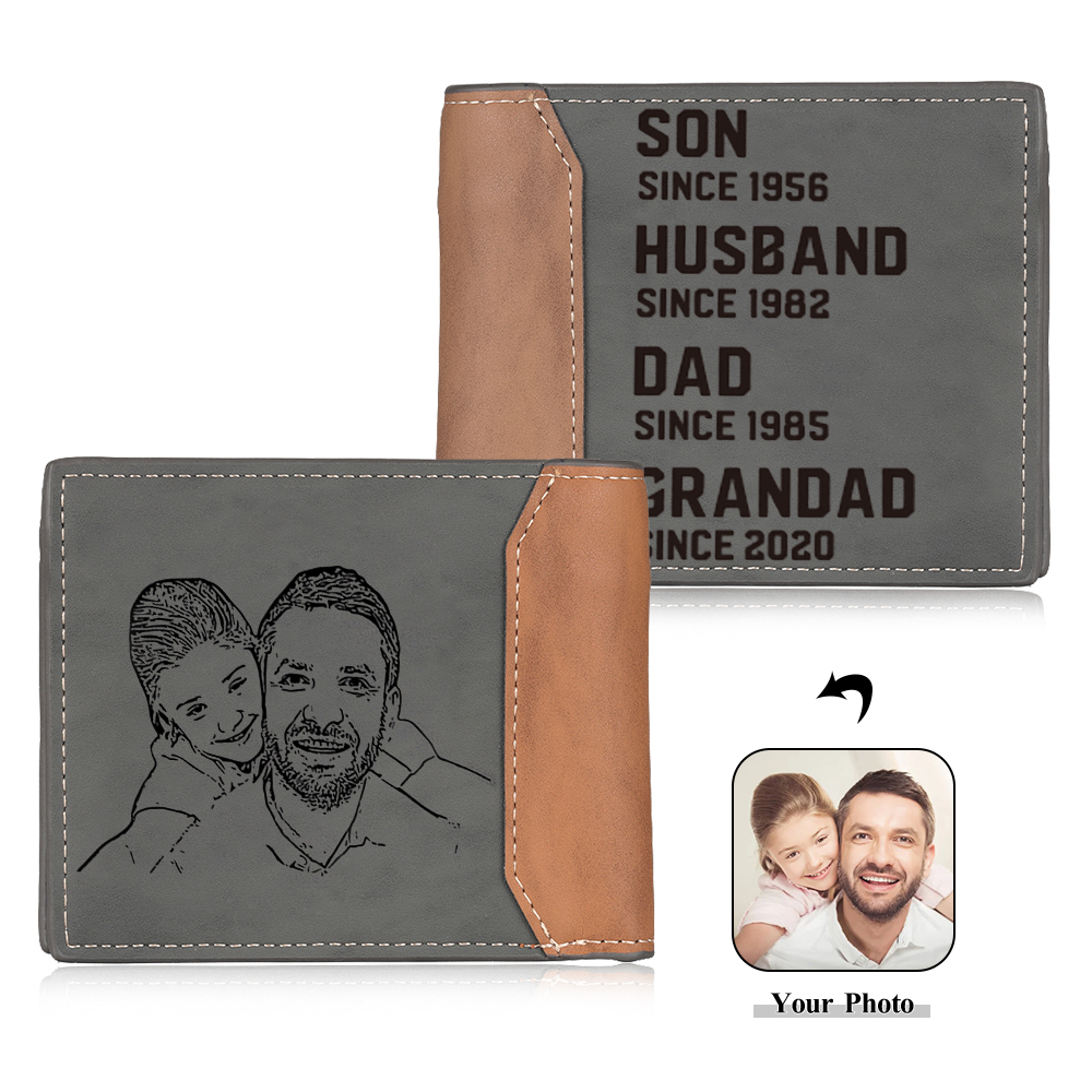Personalised Photo Customized Leather Men's Wallet Customized with 4 Dates as Father's Day Gift for Grandad