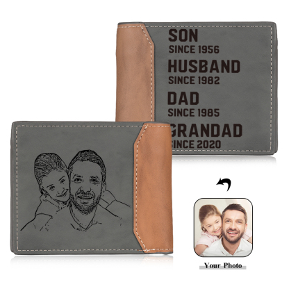Personalised Photo Customized Leather Men's Wallet Customized with 4 Dates as Father's Day Gift for Grandad