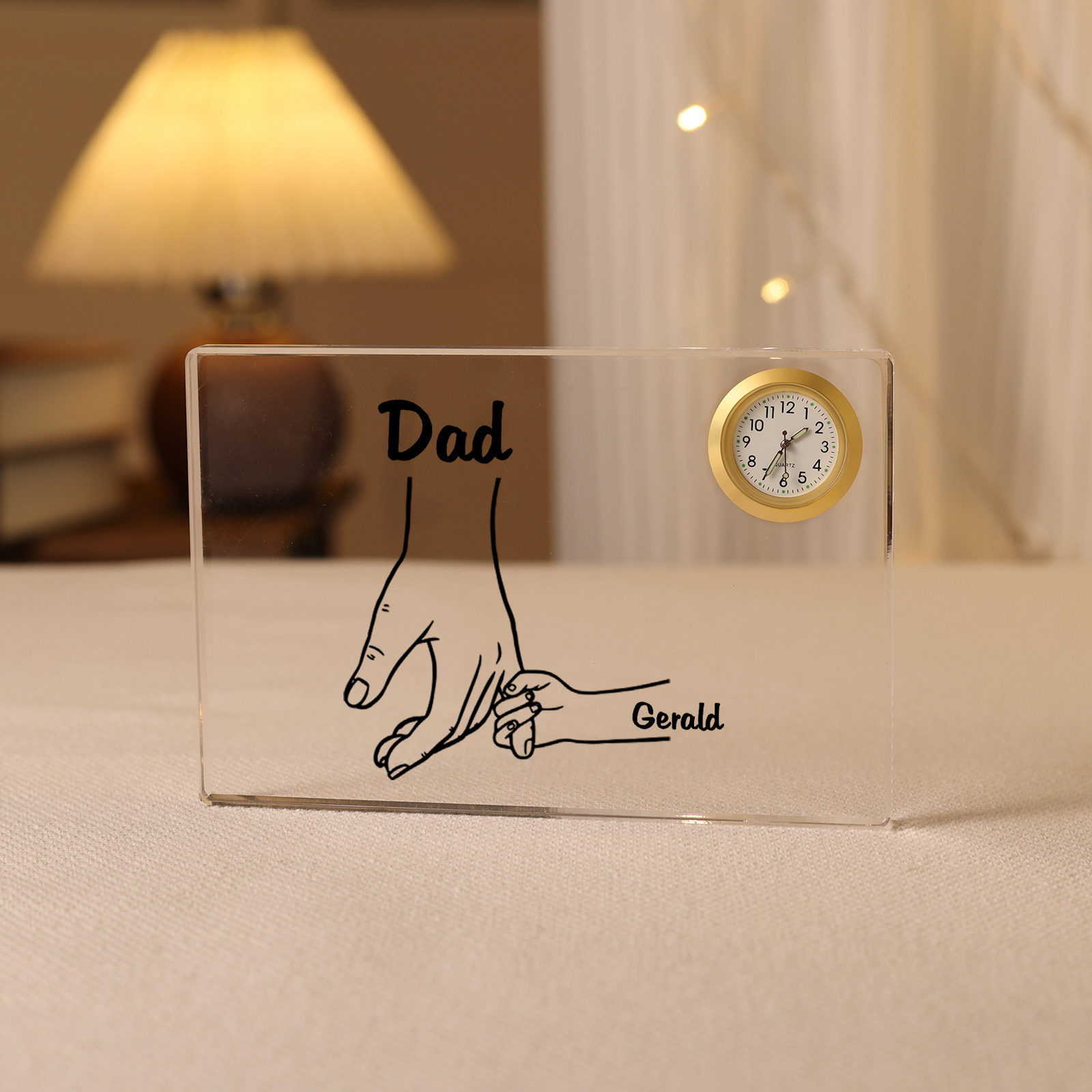 2 Names - Personalised Holding Hands Pattern Custom Name Acrylic Rectangular Clock Ornament Father's Day Gift