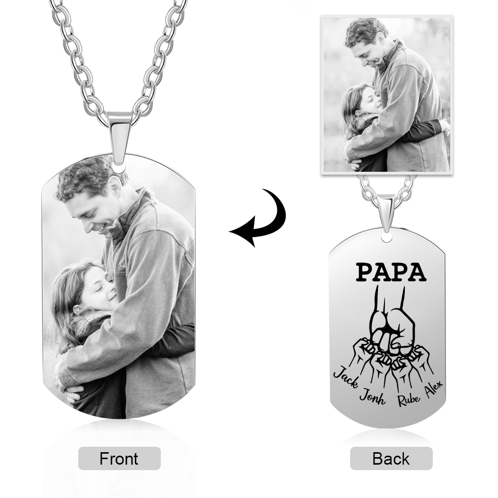Personalised Fist Bump Necklace with 4 Kids' Names Custom Photo Necklace For Father