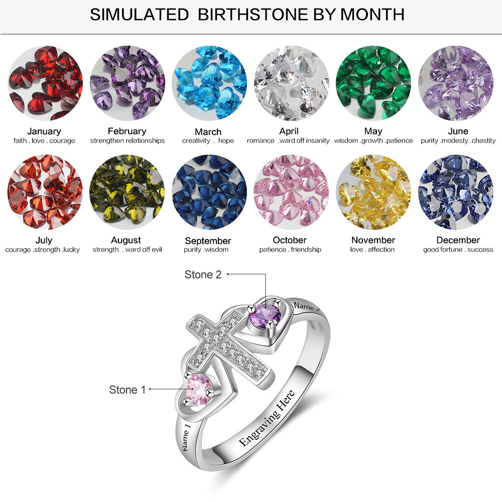 S925 Silver Ring Personalised 2 Birthstones Cross Ring With Names Gifts For Her