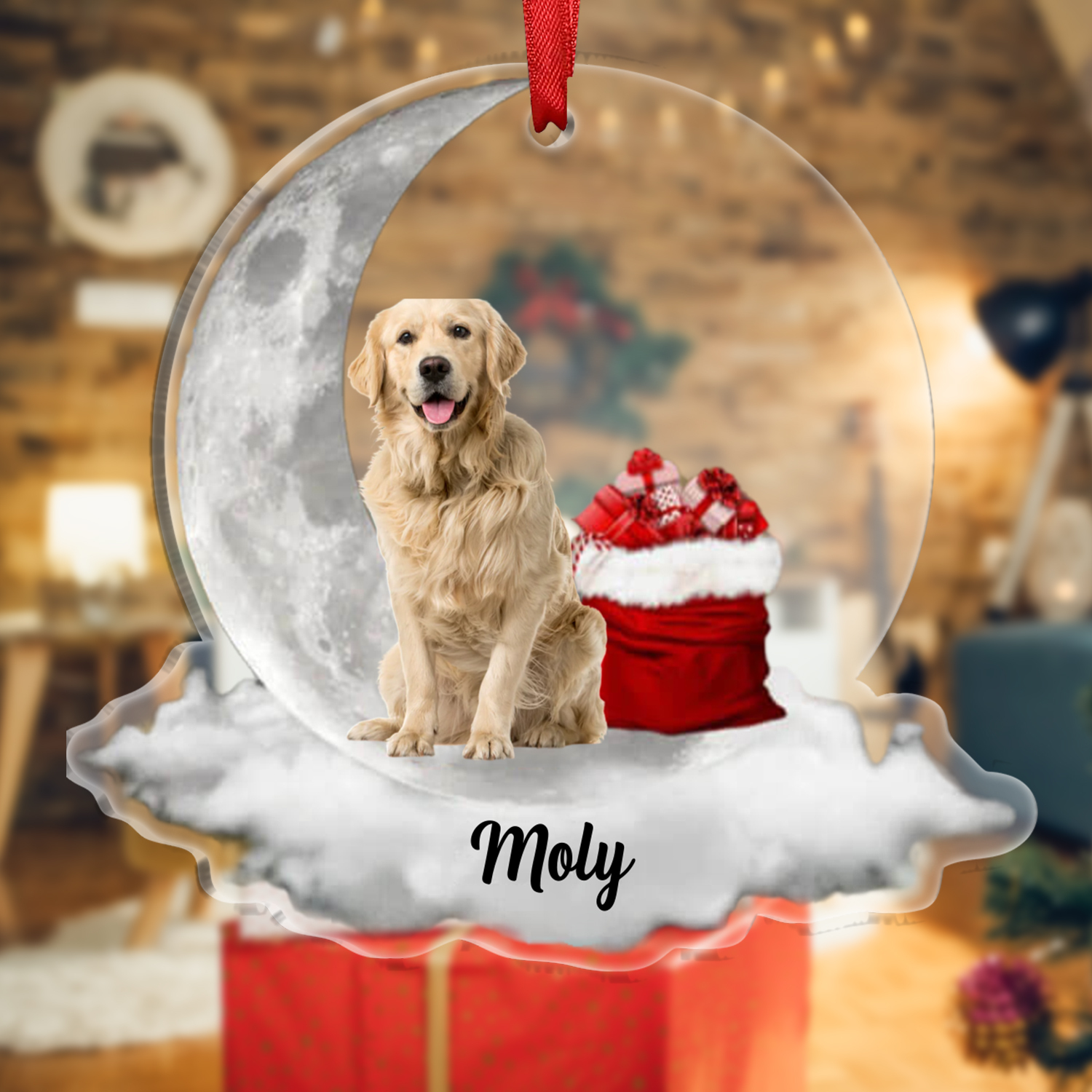 Personalised Pet Photo Christmas Ornament Customized Photo & Name Acrylic Moon Hanging Ornament