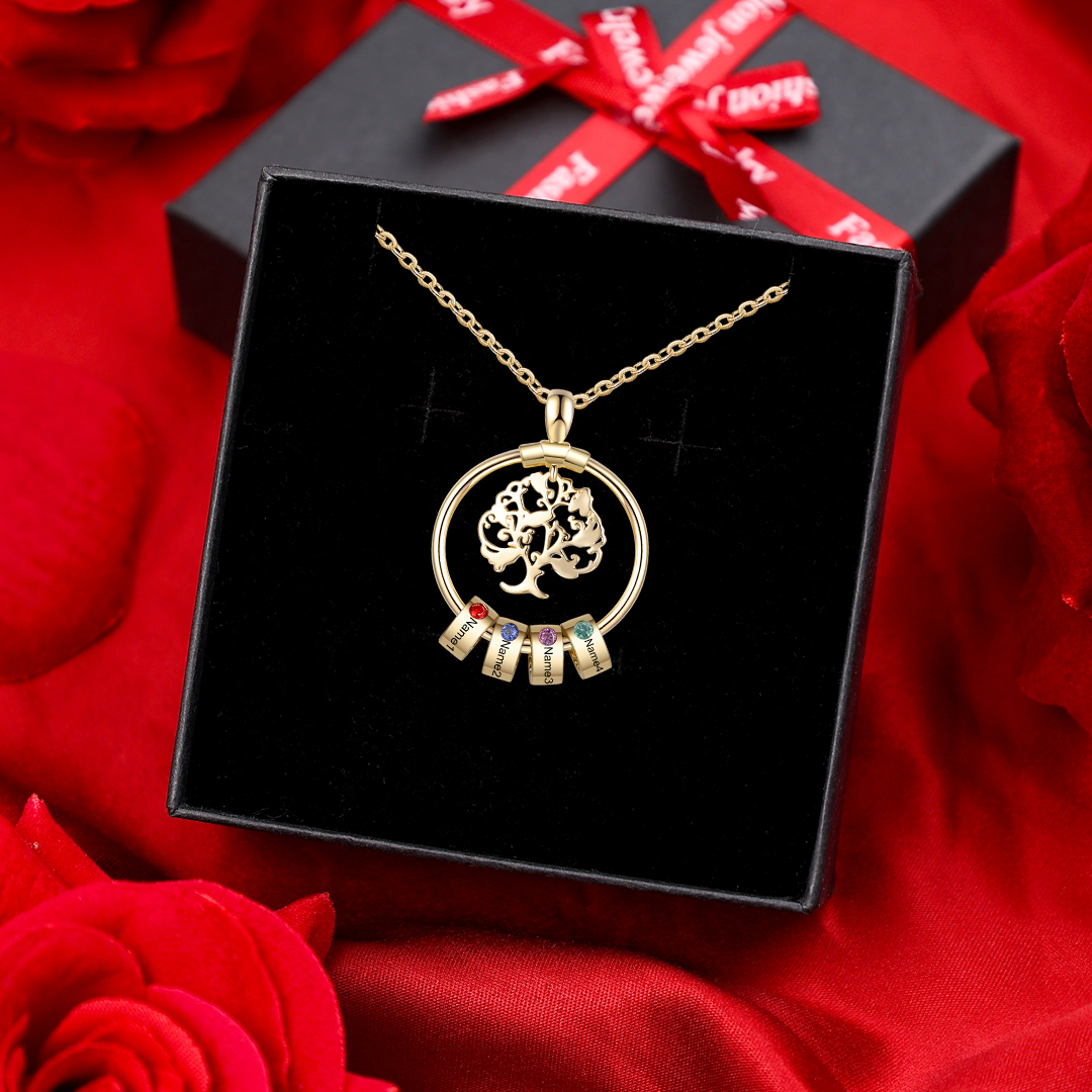 4 Names-Personalised Family Tree Necklace With 4 Birthstones Engraved Names Gift For Her