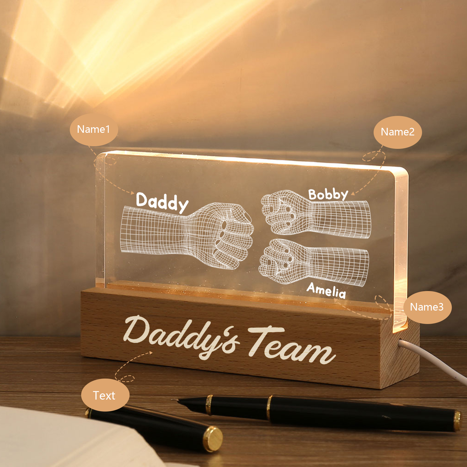 3 Names Personalised Fist Bump Pattern Night Light Custom Text LED Light Father's Day Gift for Dad