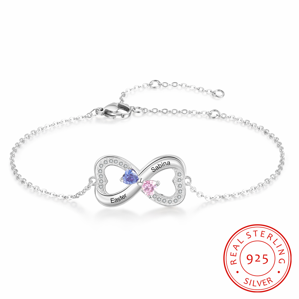 Personalised S925 Silver 1-3 Names Birthstones Heart Bracelet For Women