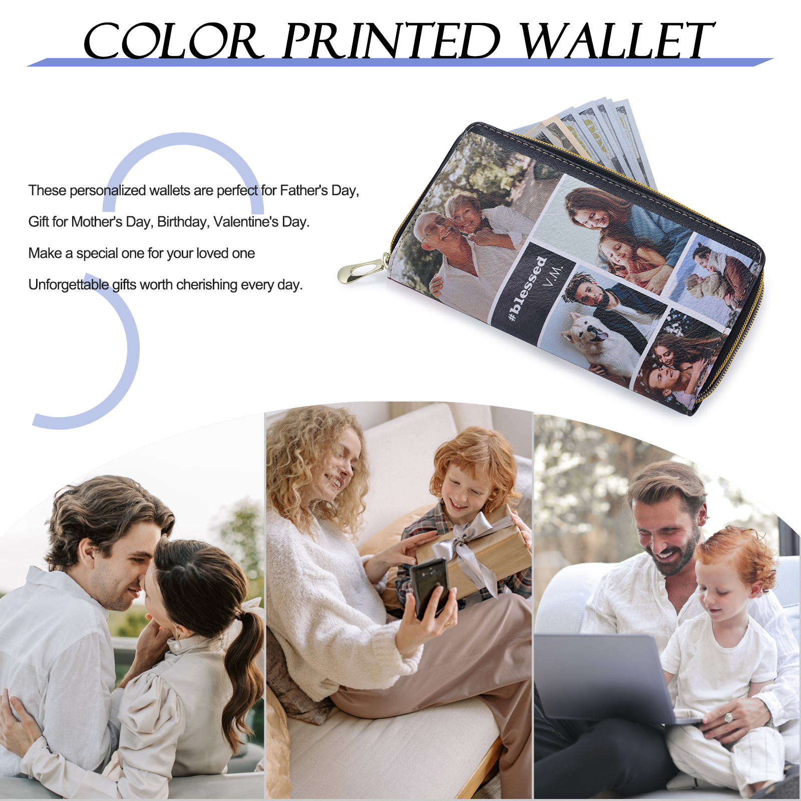 Custom Purse-Long Purse Personalised Leather Wallet Engraved 10 Photos Zip Wallet Gifts For Women Men