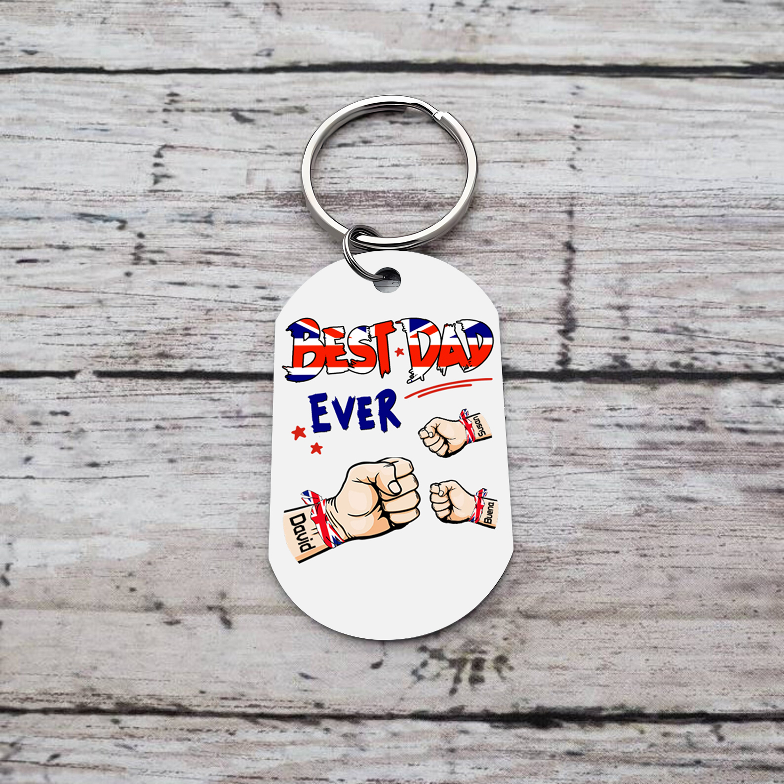 3 Names - Personalised Fist Bump Pattern Keyring Custom Name Gift for Dad