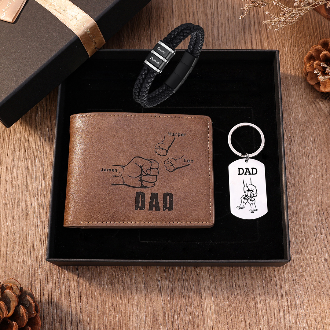 Personalised 3 Names Gift Set Custom Wallet & Bracelet & Keychain Gift Box Set Father’s Day Gifts