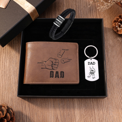 Personalised 3 Names Gift Set Custom Wallet & Bracelet & Keychain Gift Box Set Father’s Day Gifts