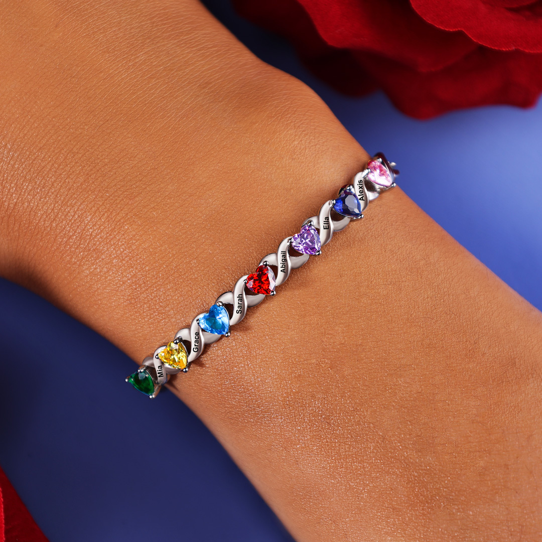 September Birthday Personalised Bracelet With 4 Heart Birthstones Engraved Names Bracelet Gift For Women